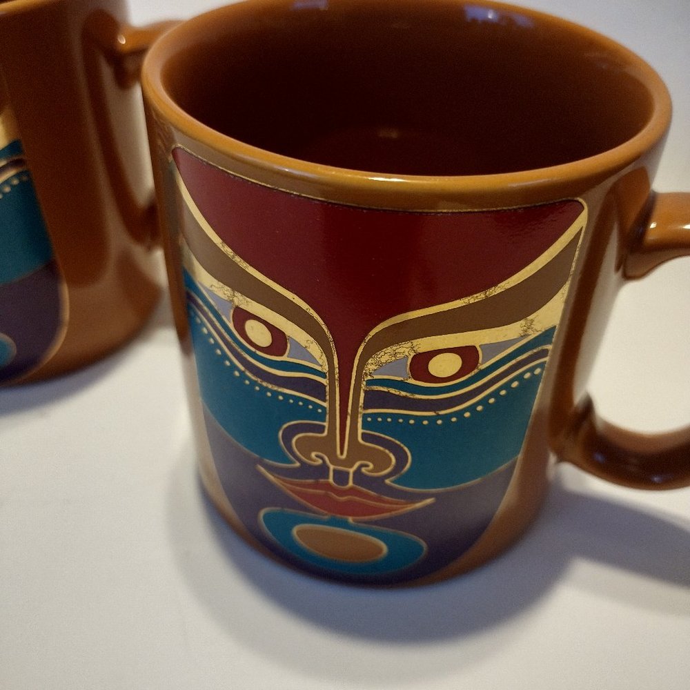 Vintage Laurel Burch Tribal Mask 14oz Set of 2 Ceramic Coffee Mugs